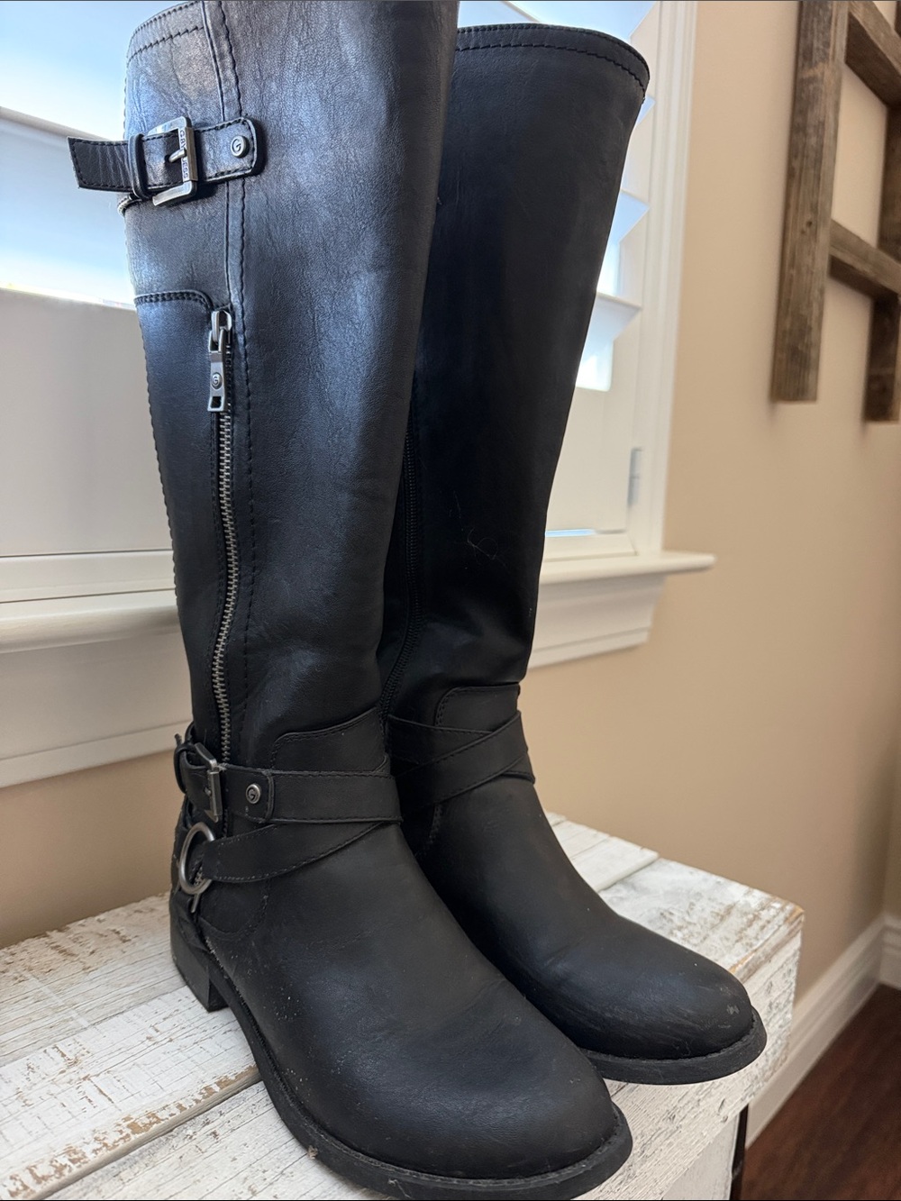 Guess Black Tall Leather Heeled Riding Boots